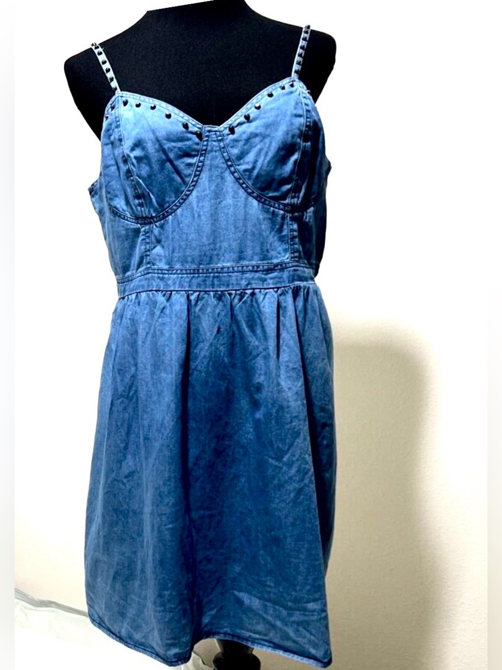 NWT Dizzy Lizzy Denim Chambray Sleeveless Mini Dress L Studded Straps Punk Y2K